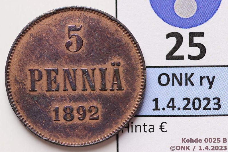 k-0025-b.jpg - Kohde 25 (kuva 2/2), lhthinta: 15 € / ei tarjouksia 5 p 1892 Prvja, puhd, kunto: 5/6