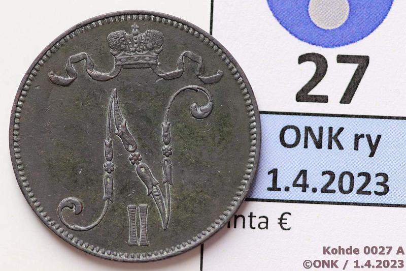 k-0027-a.jpg - Kohde 27 (kuva 1/2), lhthinta: 5 € / myyntihinta: 5 € 5 p 1898 Musta patina, kunto: 6