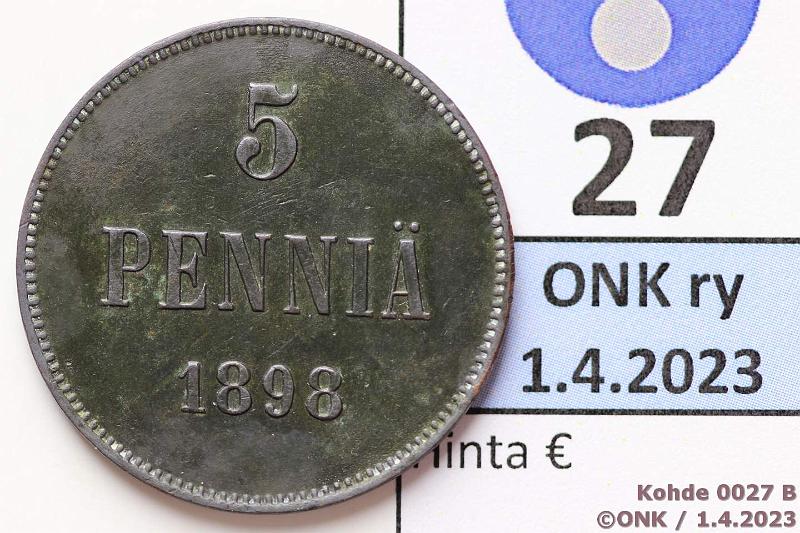 k-0027-b.jpg - Kohde 27 (kuva 2/2), lhthinta: 5 € / myyntihinta: 5 € 5 p 1898 Musta patina, kunto: 6