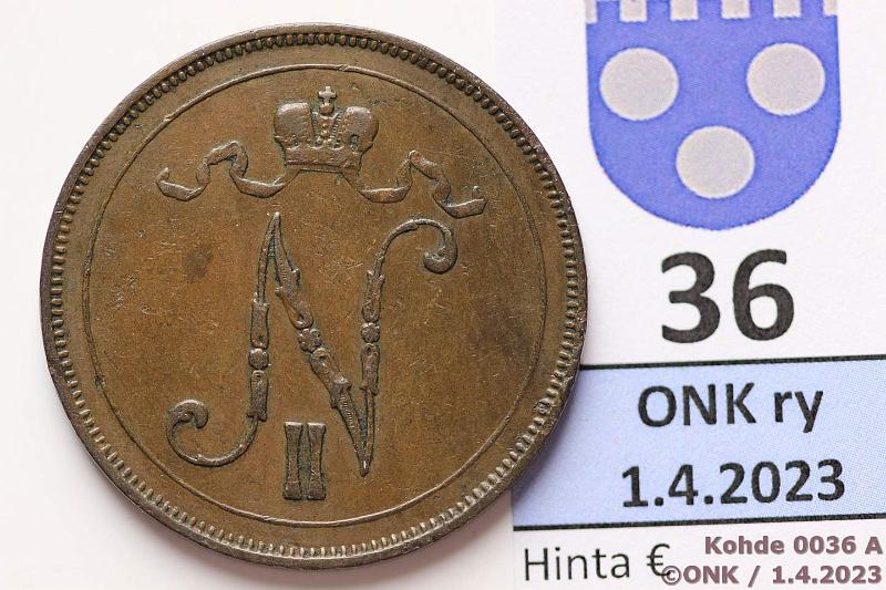 k-0036-a.jpg - Kohde 36 (kuva 1/2), lhthinta: 70 € / myyntihinta: 72 € 10 p 1898 Kaunis kappale, vhinen meistin kiertym, eprvja, kunto: 4/5