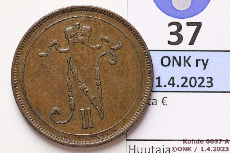 k-0037-a.jpg - Kohde 37 (kuva 1/2), lhthinta: 10 € / myyntihinta: 10 € 10 p 1899 Kaunis tummanruskea patina, eprv, kunto: 4/6