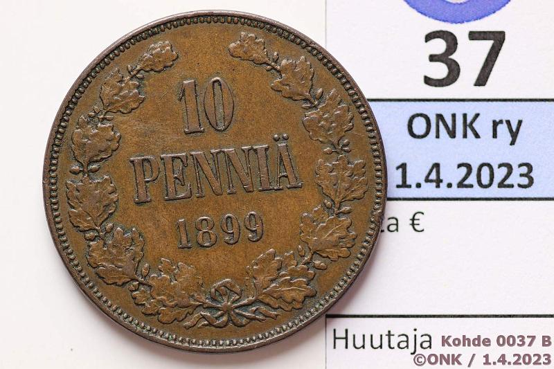 k-0037-b.jpg - Kohde 37 (kuva 2/2), lhthinta: 10 € / myyntihinta: 10 € 10 p 1899 Kaunis tummanruskea patina, eprv, kunto: 4/6