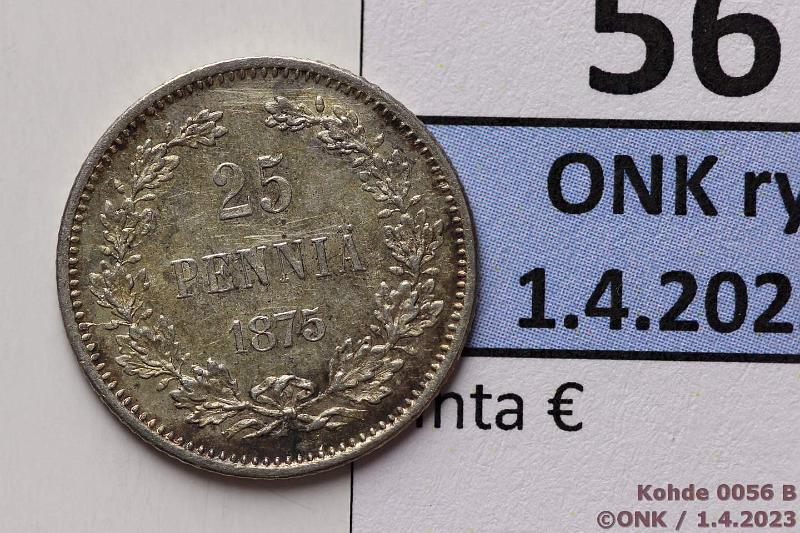 k-0056-b.jpg - Kohde 56 (kuva 2/2), lhthinta: 50 € / myyntihinta: 50 € 25 p 1875 Ag, SNY 273.1.1, arvop tummumaa, erittin kaunis!, kunto: 8/7