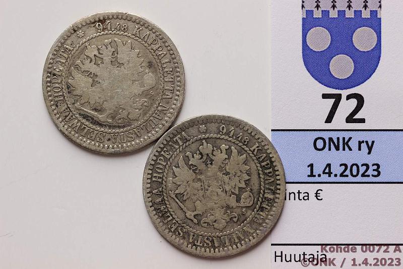 k-0072-a.jpg - Kohde 72 (kuva 1/2), lhthinta: 10 € / myyntihinta: 10 € 1 mk 1865, -66 Ag, kunto: 3, 2/3