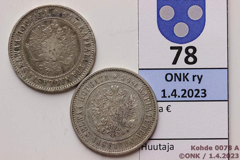 k-0078-a.jpg - Kohde 78 (kuva 1/2), lhthinta: 10 € / myyntihinta: 13 € 1 mk 1872, -74 Ag, (-72 SNY 402.1, puhd, -74 likaa), kunto: 3, 4