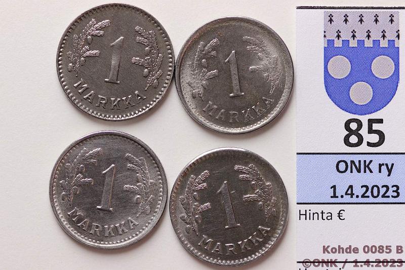 k-0085-b.jpg - Kohde 85 (kuva 2/2), lhthinta: 16 € / ei tarjouksia 1 mk 1945, -46, -47, -48 Fe, hyvkuntoisia, ei ruostetta, kunto: 7-8