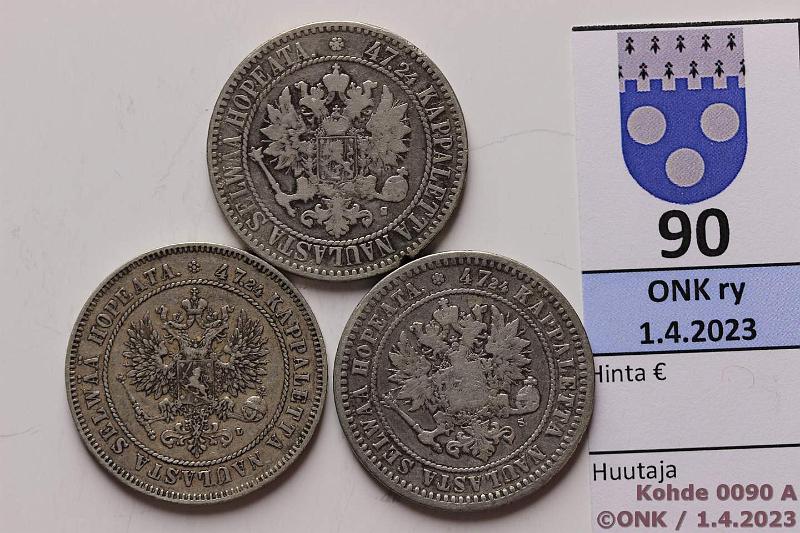 k-0090-a.jpg - Kohde 90 (kuva 1/2), lhthinta: 15 € / myyntihinta: 32 € 2 mk 1865, -70, 1907 Ag, (-65 SNY 493.1.2, rv), kunto: 3-4