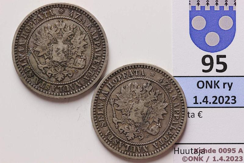 k-0095-a.jpg - Kohde 95 (kuva 1/2), lhthinta: 20 € / myyntihinta: 26 € 2 mk 1870 (2) Ag, molemmat "reunavariantit", kunto: 3/4