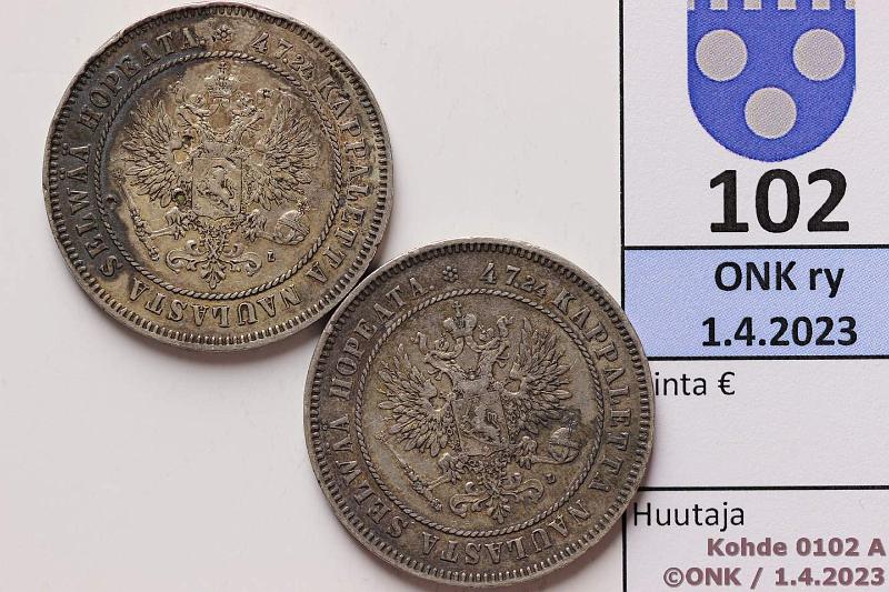 k-0102-a.jpg - Kohde 102 (kuva 1/2), lhthinta: 15 € / myyntihinta: 23 € 2 mk 1906, -08 Ag, (-06 SNY 500.1.1.2, -08 ij, rvja), kunto: 5, 4