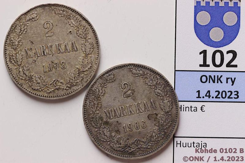 k-0102-b.jpg - Kohde 102 (kuva 2/2), lhthinta: 15 € / myyntihinta: 23 € 2 mk 1906, -08 Ag, (-06 SNY 500.1.1.2, -08 ij, rvja), kunto: 5, 4