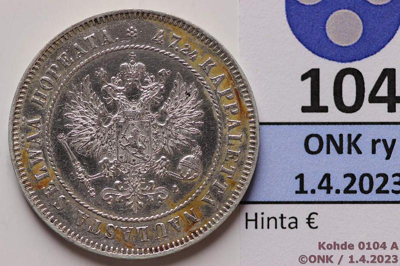 k-0104-a.jpg - Kohde 104 (kuva 1/2), lhthinta: 10 € / myyntihinta: 15 € 2 mk 1908 Ag, tummentuma, hnja, puhd, kunto: 7