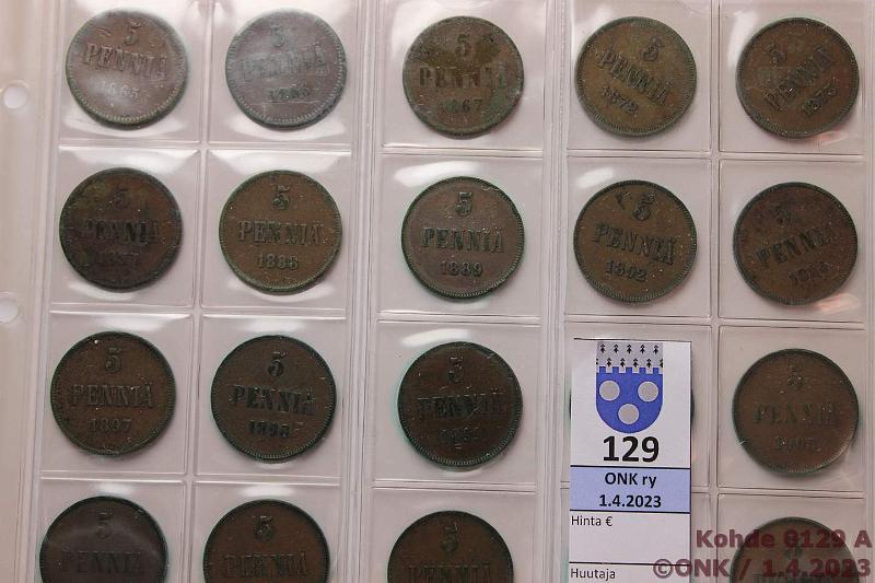 k-0129-a.jpg - Kohde 129 (kuva 1/2), lhthinta: 20 € / myyntihinta: 20 € 5 p (26) 1865-1917 Cu, 1865, -66, -67, -72, -73, -75, -88, -89, -92, -96, -97, -98, -99, 1901, -05, -06, -07, -08, -11, -12, -13, -14, -15, -16, -17 I+II.Liuskalehdill, osassa vikoja/kansiohometta, kunto: 3-6