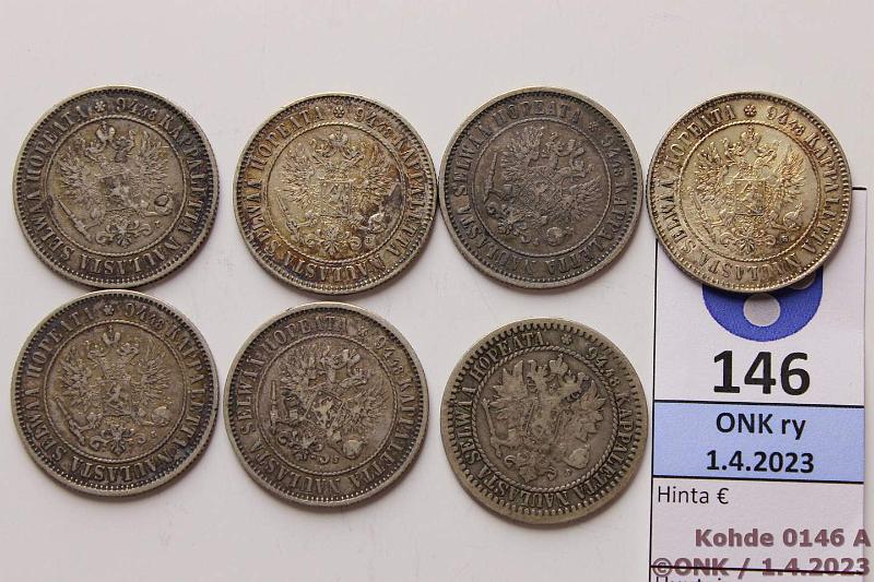 k-0146-a.jpg - Kohde 146 (kuva 1/2), lhthinta: 30 € / myyntihinta: 36 € 1 mk (7) 1865-1915 Ag, 1865, -74(2), -90, -93, 1907 rvja, -15, tummuneita, kunto: 3-7