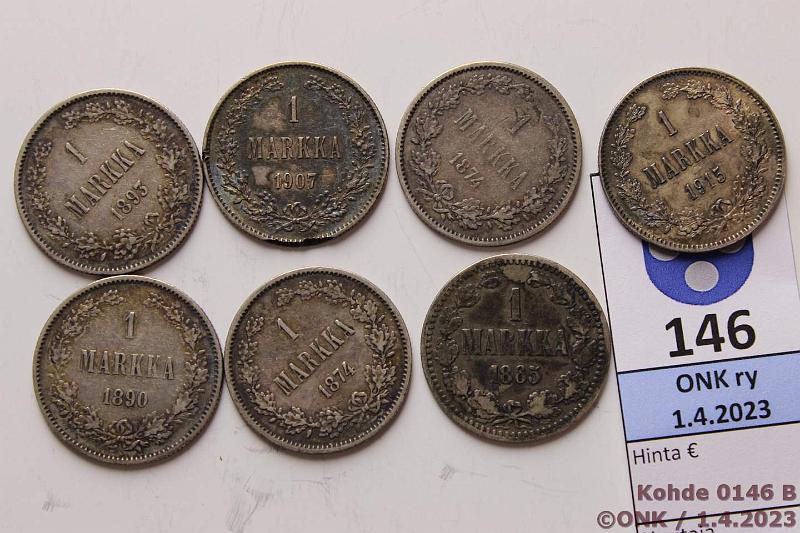 k-0146-b.jpg - Kohde 146 (kuva 2/2), lhthinta: 30 € / myyntihinta: 36 € 1 mk (7) 1865-1915 Ag, 1865, -74(2), -90, -93, 1907 rvja, -15, tummuneita, kunto: 3-7