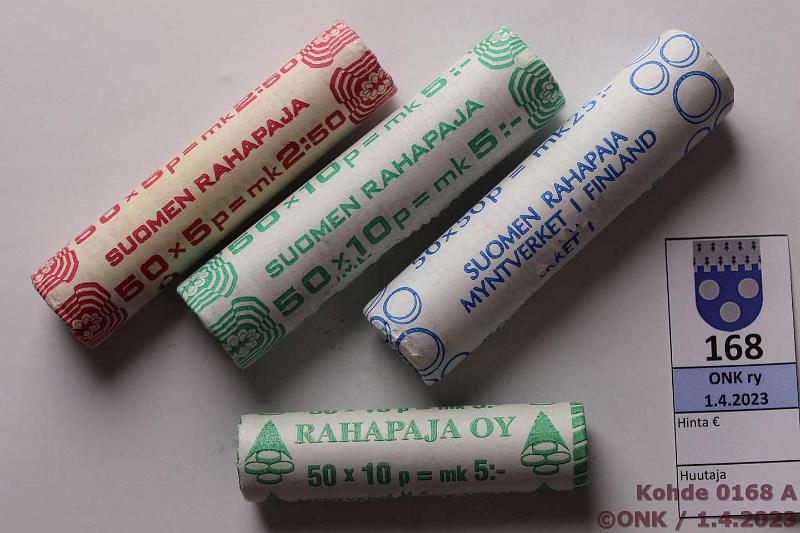 k-0168-a.jpg - Kohde 168, lhthinta: 6 € / myyntihinta: 12 € 5 - 50 p 1977-2001 (4) RP:n rullat 5p 1977 Cu; 10p -89, 2001; 50p 2001, kunto: 9