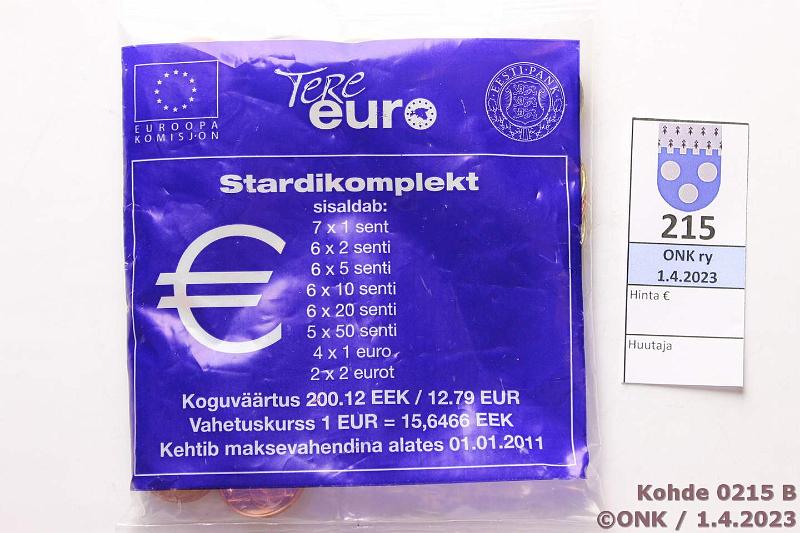 k-0215-b.jpg - Kohde 215 (kuva 2/2), lhthinta: 17 € / ei tarjouksia 1 s - 2 € (46) 2011 Viro, eurokolikoiden avaamaton aloituspussi Tere euro, nim. 12,79€, kunto: 9