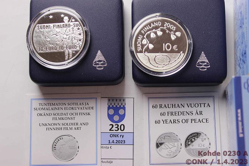 k-0230-a.jpg - Kohde 230, lhthinta: 40 € / myyntihinta: 40 € 10 € (2) 2005 Ag, Proof, Tuntematon sotilas ja 60 rauhan v:a, kotelot, tod, kunto: 10