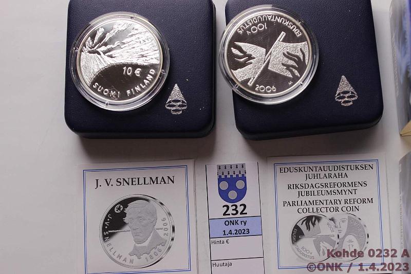 k-0232-a.jpg - Kohde 232, lhthinta: 40 € / myyntihinta: 40 € 10 € (2) 2006 Ag, Proof, Snellman ja Eduskuntauudistus, kotelot, tod, kunto: 10