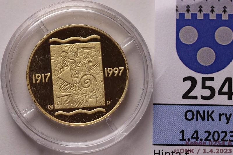 k-0254-a.jpg - Kohde 254 (kuva 1/2), lhthinta: 280 € / myyntihinta: 430 € 1000 mk 1997 Au, Proof, 8,64g/900, Itsenisyys 80 v, kotelo, tod, kunto: 10