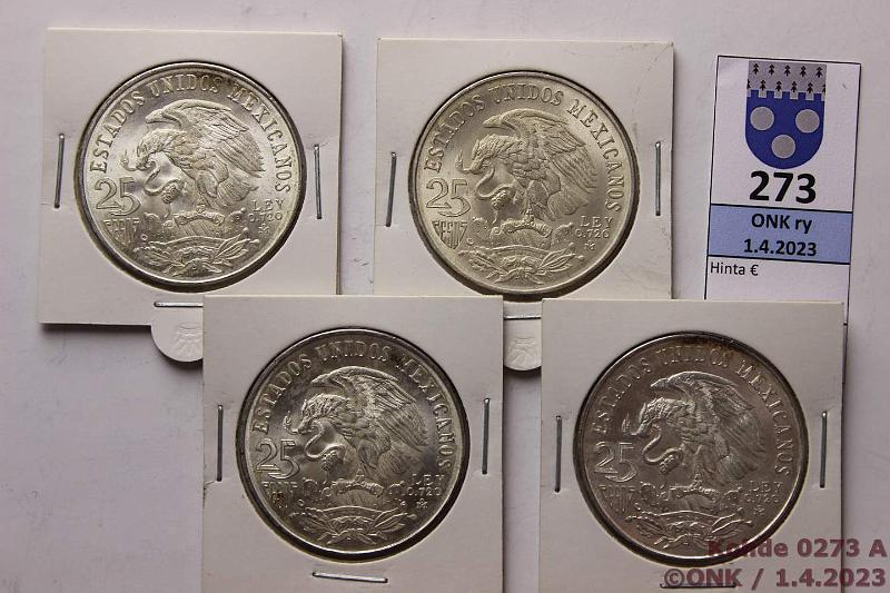 k-0273-a.jpg - Kohde 273 (kuva 1/2), lhthinta: 30 € / myyntihinta: 30 € Meksiko 25 peso (4) 1968 KM#479.1 Ag, 90g/720, Mexico Olympic Games, patinaa, nidot. kehykset, kunto: 8