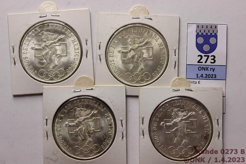 k-0273-b.jpg - Kohde 273 (kuva 2/2), lhthinta: 30 € / myyntihinta: 30 € Meksiko 25 peso (4) 1968 KM#479.1 Ag, 90g/720, Mexico Olympic Games, patinaa, nidot. kehykset, kunto: 8