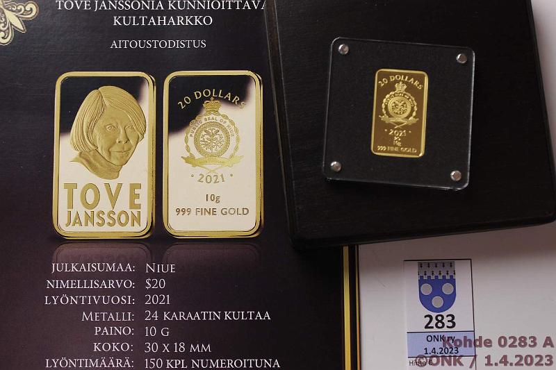 k-0283-a.jpg - Kohde 283 (kuva 1/2), lhthinta: 420 € / myyntihinta: 540 € Niue 20 $ 2021 Au, Proof, 10g/999. Tove Jansson 29/150, harkkoraha, kotelo ja todistus, kunto: 10