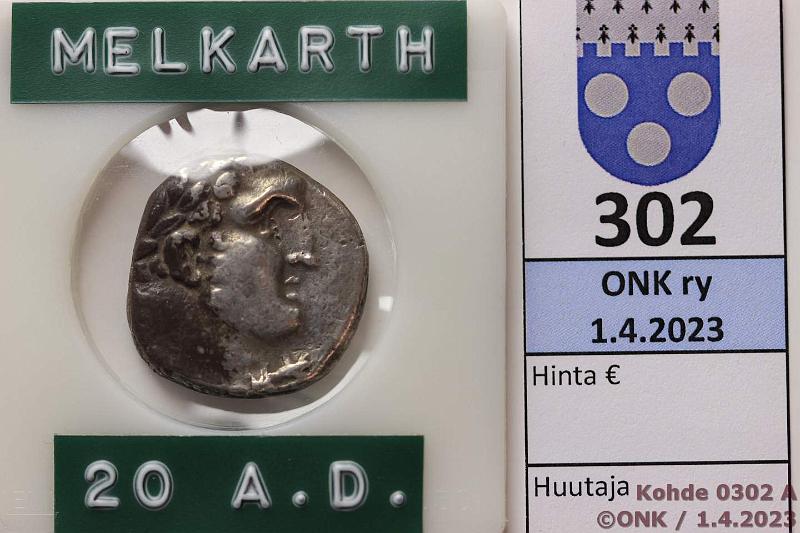 k-0302-a.jpg - Kohde 302 (kuva 1/2), lhthinta: 10 € / myyntihinta: 60 € Antiikki 48/9 AD RPC#4673 Ag, 14,4g, Foinikia, Melkart, Tetradrachm/Shekel, kunto: 5