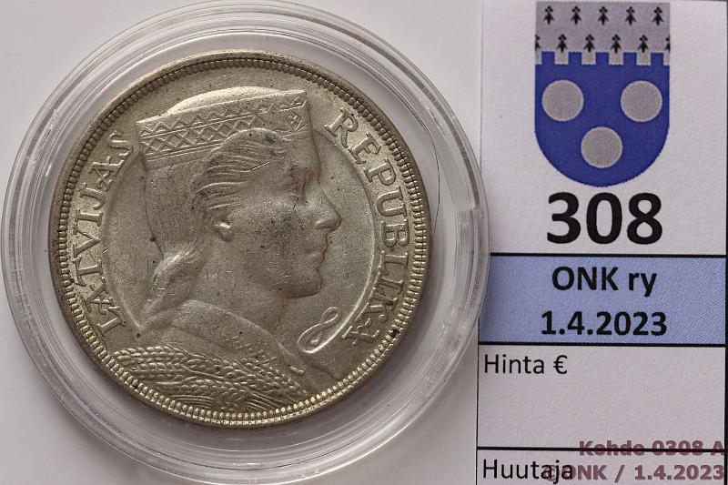 k-0308-a.jpg - Kohde 308 (kuva 1/2), lhthinta: 12 € / myyntihinta: 26 € Latvia 5 lati  1929  KM#9 Ag, 25g/835, pisteit, patinaa, kapseli, kunto: 7