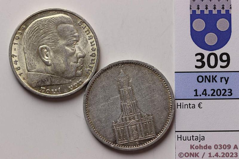 k-0309-a.jpg - Kohde 309 (kuva 1/2), lhthinta: 10 € / myyntihinta: 17 € Natsi-Saksa 5 rmk (2) 1935A KM#83, 86 Ag, 2 x 13,889g/900, Potsdam(nja, prv) + Hindenburg, kunto: 7, 5