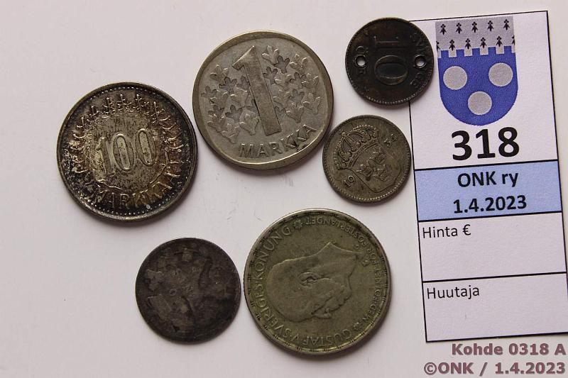 k-0318-a.jpg - Kohde 318, lhthinta: 5 € / myyntihinta: 5 € Er (6) 1888-1965 Ag, Kanada 10c 1888(kl 1); Ruotsi 10 1917(reit), -34, 1kr -43; Suomi 1mk 1965; 100mk -56, kunto: 1-6