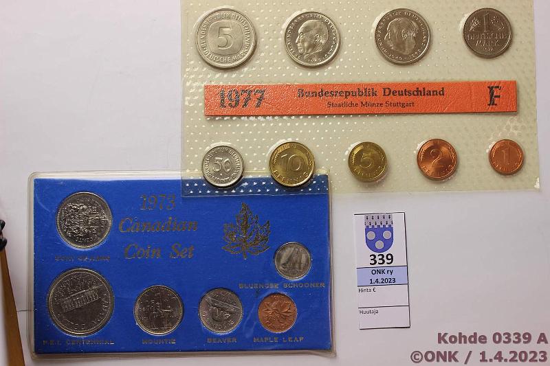 k-0339-a.jpg - Kohde 339 (kuva 1/2), lhthinta: 5 € / myyntihinta: 10 € Vuosisarjat (2) 1973, -77 Kanada 1973 10c-1d(6); BDR 1977 1pf-5dm(9), kotelot, kunto: 9