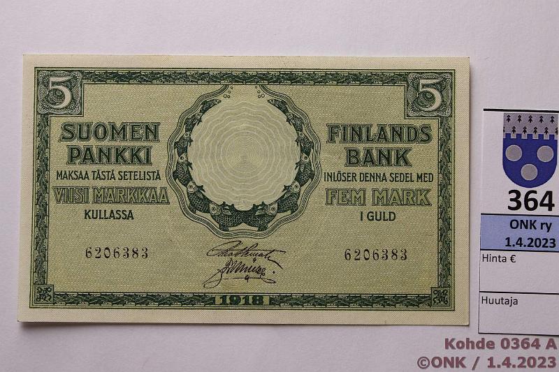 k-0364-a.jpg - Kohde 364 (kuva 1/2), lhthinta: 60 € / myyntihinta: 60 € 5 mk 1918 SNY 131 6206383 STE-Ml, ei vesileimaa, ei taitteita, peukalonpainauma, kunto: 9