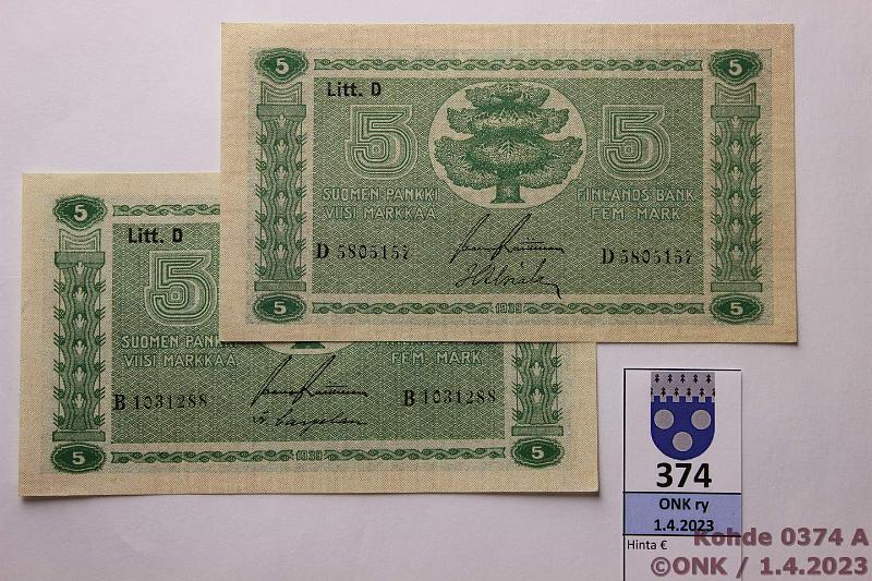 k-0374-a.jpg - Kohde 374, lhthinta: 40 € / myyntihinta: 40 € 5 mk 1939 LD (2) SNY 133.1+2 D..RAI-Als, vl 1, B..RAI-Car, vl 2, kunto: 9