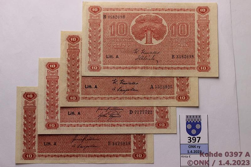 k-0397-a.jpg - Kohde 397, lhthinta: 25 € / myyntihinta: 29 € 10 mk 1945 LA (4) SNY 145.1.1 A..KIV-Car, B..KIV-Als, D..RAI-AAs, E..RAI-Car, kunto: 7-9