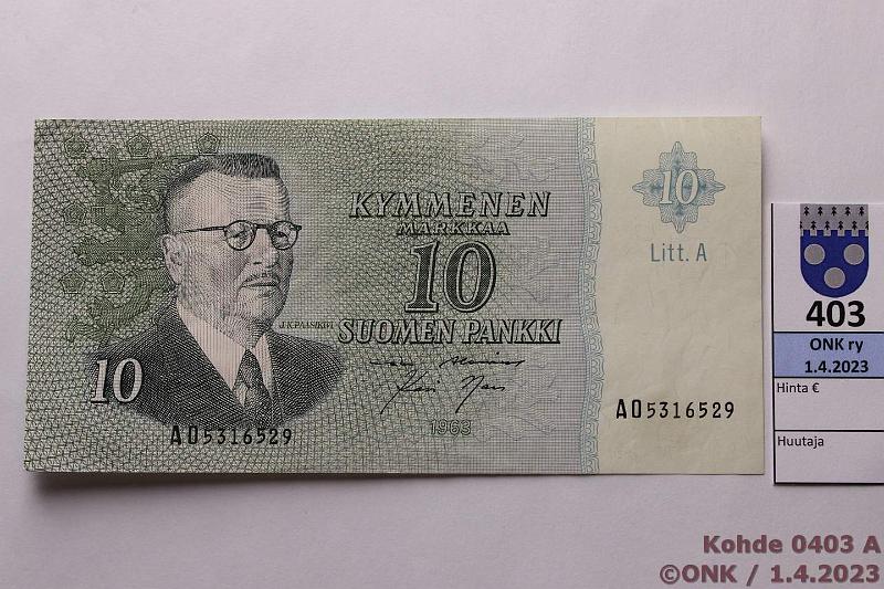 k-0403-a.jpg - Kohde 403, lhthinta: 150 € / myyntihinta: 197 € 10 mk 1963 LA SNY 146.3.3 AO5316529 AL I-Nar, vl 2. Tunnetaan 20 kpl., kunto: 5