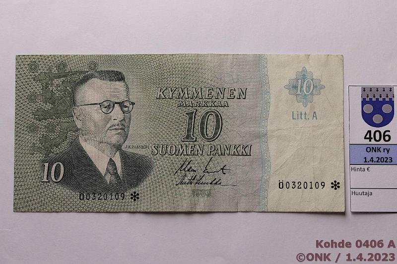 k-0406-a.jpg - Kohde 406, lhthinta: 50 € / myyntihinta: 68 € 10 mk 1963 LA * SNY 146.4.4 0320109* KO II-Luu, sil, korvaava, kunto: 4