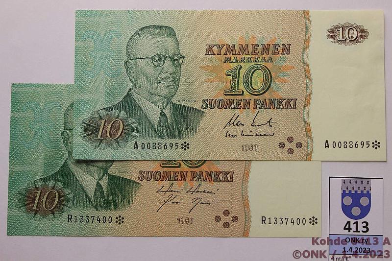 k-0413-a.jpg - Kohde 413, lhthinta: 15 € / myyntihinta: 22 € 10 mk 1980 A*, R* SNY 147.2.1+5 A*..KO II-Lin (painumia), R*..HOL-Nar, korvaavia, kunto: 9