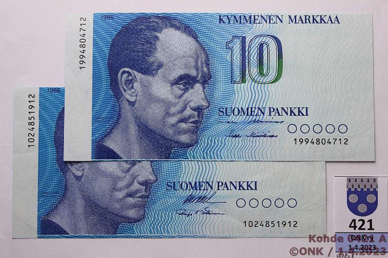 k-0421-a.jpg - Kohde 421, lhthinta: 10 € / myyntihinta: 25 € 10 mk 1986 (2) SNY 148.1 + .2.4 1024..OL I-M1; 1994..AL I-H1, korvaava. Molemmissa leikkausvirheet, kunto: 6