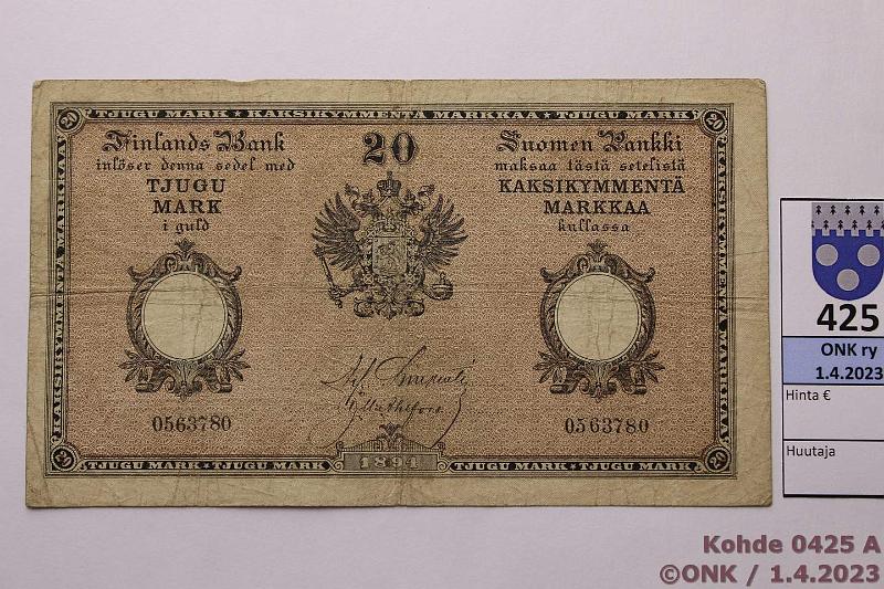 k-0425-a.jpg - Kohde 425 (kuva 1/2), lhthinta: 180 € / myyntihinta: 230 € 20 mk 1894 SNY 153 0563780 Charpentier-Ahlfors, punaruskea, kunto: 3