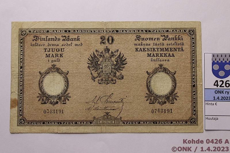 k-0426-a.jpg - Kohde 426 (kuva 1/2), lhthinta: 150 € / myyntihinta: 160 € 20 mk 1894 SNY 153 0743191 Charpentier-Landtman 1, rep, tahra, ruskea, kunto: 3