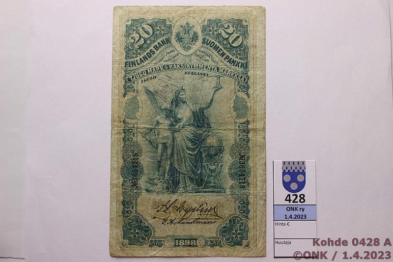 k-0428-a.jpg - Kohde 428 (kuva 1/2), lhthinta: 60 € / ei tarjouksia 20 mk 1898 SNY 154.2 3654718 WEG-La2, km, kunto: 3