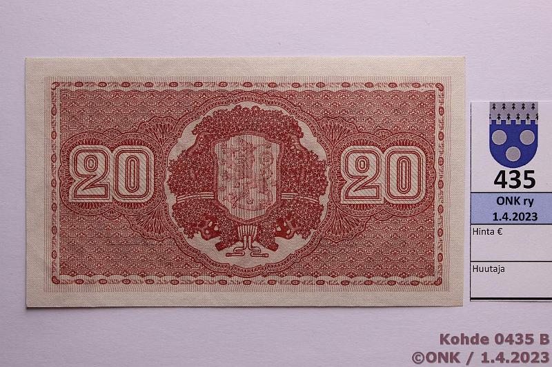 k-0435-b.jpg - Kohde 435 (kuva 2/2), lhthinta: 350 € / myyntihinta: 431 € 20 mk 1922 LA SNY 158.2 B0255857 GR II-OAs, kunto: 9