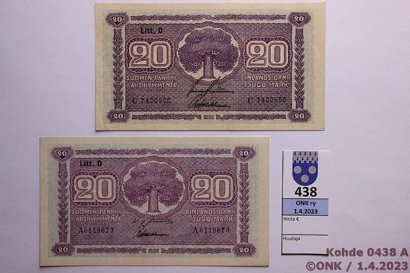 k-0438-a.jpg - Kohde 438, lhthinta: 25 € / myyntihinta: 32 € 20 mk 1939 LD (2) SNY 159.1+2 A..JUT-Wah vl 1, C..RAI-Wah vl 2, kunto: 8, 7