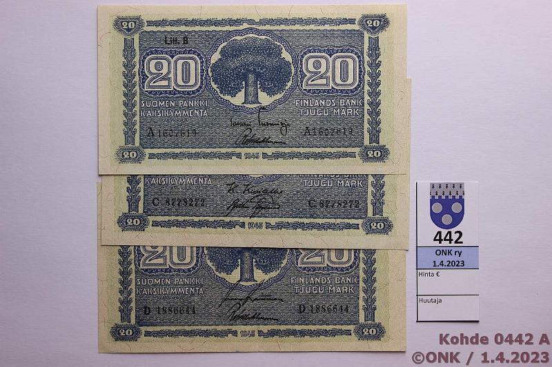 k-0442-a.jpg - Kohde 442, lhthinta: 20 € / myyntihinta: 54 € 20 mk 1945 LB (3) SNY 160.2.1 A..TUO-Wah, C..KIV-AAs, D..RAI-Wah, kunto: 8-9