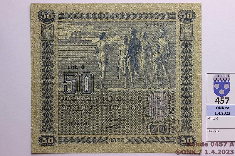 k-0457-a.jpg - Kohde 457, lhthinta: 90 € / ei tarjouksia 50 mk 1922 LC SNY 167.4.1 S0269017 RYT-AAs, km, likaa, hyv paperi, kunto: 5