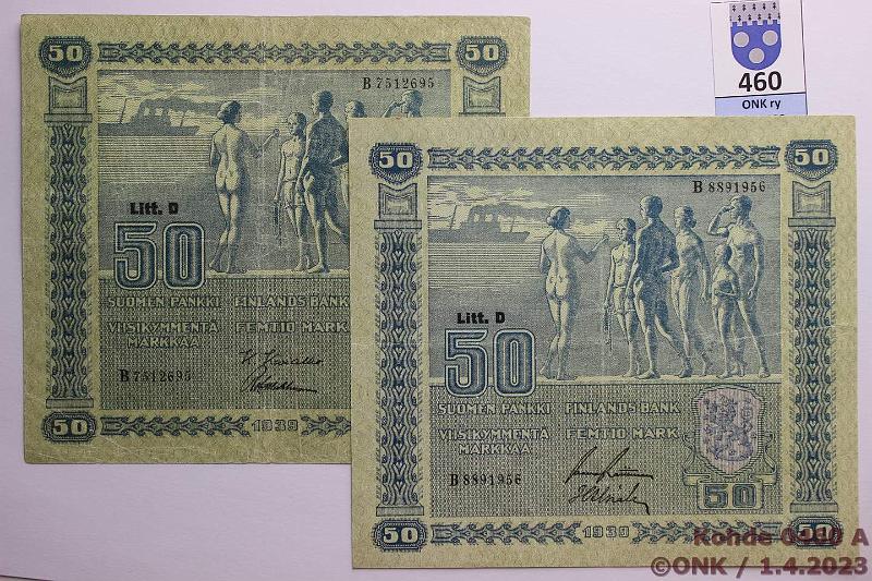 k-0460-a.jpg - Kohde 460, lhthinta: 40 € / myyntihinta: 46 € 50 mk 1939 LD (2) SNY 168.2 B751..KIV-Wah, B889..RAI-Als, vl 2, kunto: 4, 6