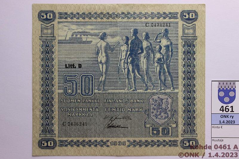 k-0461-a.jpg - Kohde 461 (kuva 1/2), lhthinta: 50 € / myyntihinta: 68 € 50 mk 1939 LD SNY 168.2 C0436241 JUT-Wah, vl 2, kunto: 7