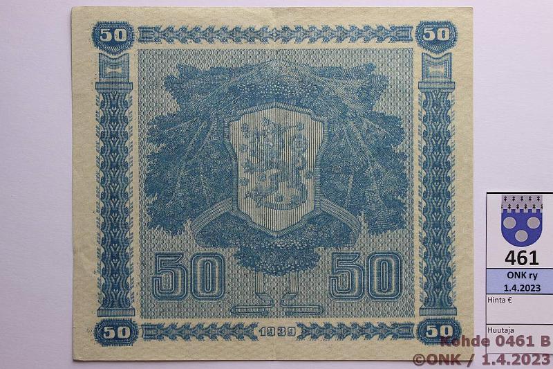 k-0461-b.jpg - Kohde 461 (kuva 2/2), lhthinta: 50 € / myyntihinta: 68 € 50 mk 1939 LD SNY 168.2 C0436241 JUT-Wah, vl 2, kunto: 7