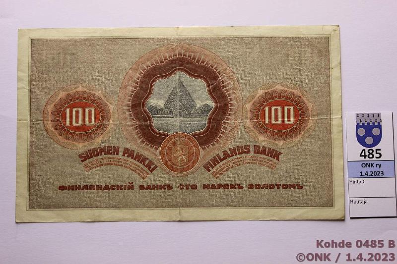 k-0485-b.jpg - Kohde 485 (kuva 2/2), lhthinta: 100 € / myyntihinta: 115 € 100 mk 1909 Sarja II SNY 176.5 2005678 JR-Ml, kunto: 4