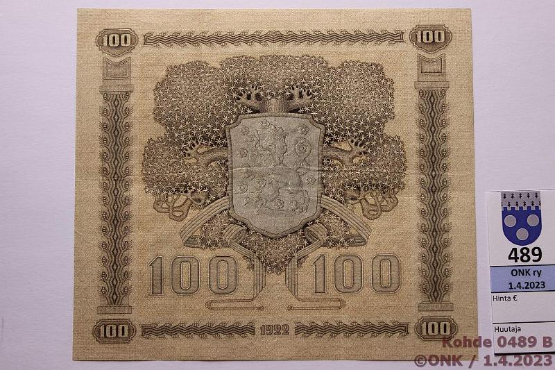 k-0489-b.jpg - Kohde 489 (kuva 2/2), lhthinta: 600 € / ei tarjouksia 100 mk 1922 SNY 178.1 B0965280 GR I-His, kova paperi, kunto: 5